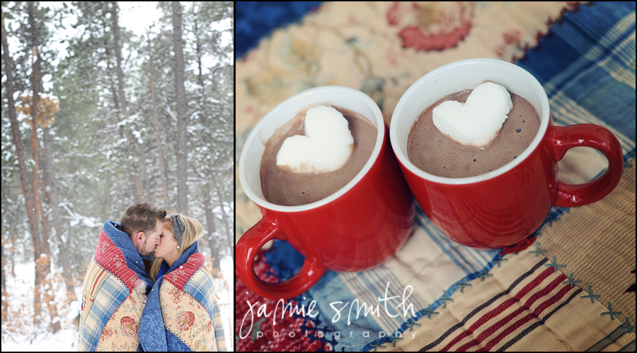 This engaged couple are bundling up in the cold enjoying hot chocolate.