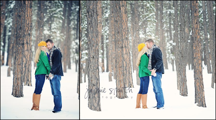 Couple holding hands during snowy portrait session.