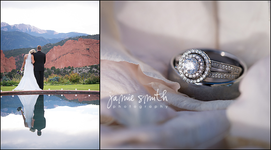 bride and groom looking out at garden of the gods and pikes peak