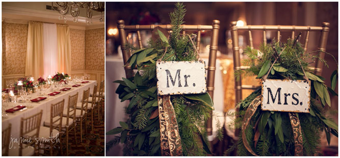 signage for the wedding couple hanging on their chairs