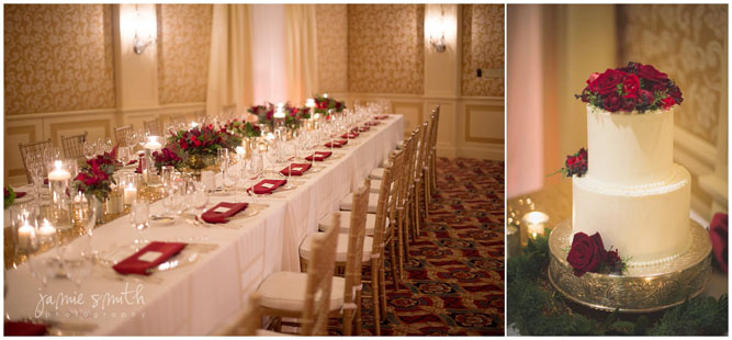 stunning reception room with elegant wedding cake