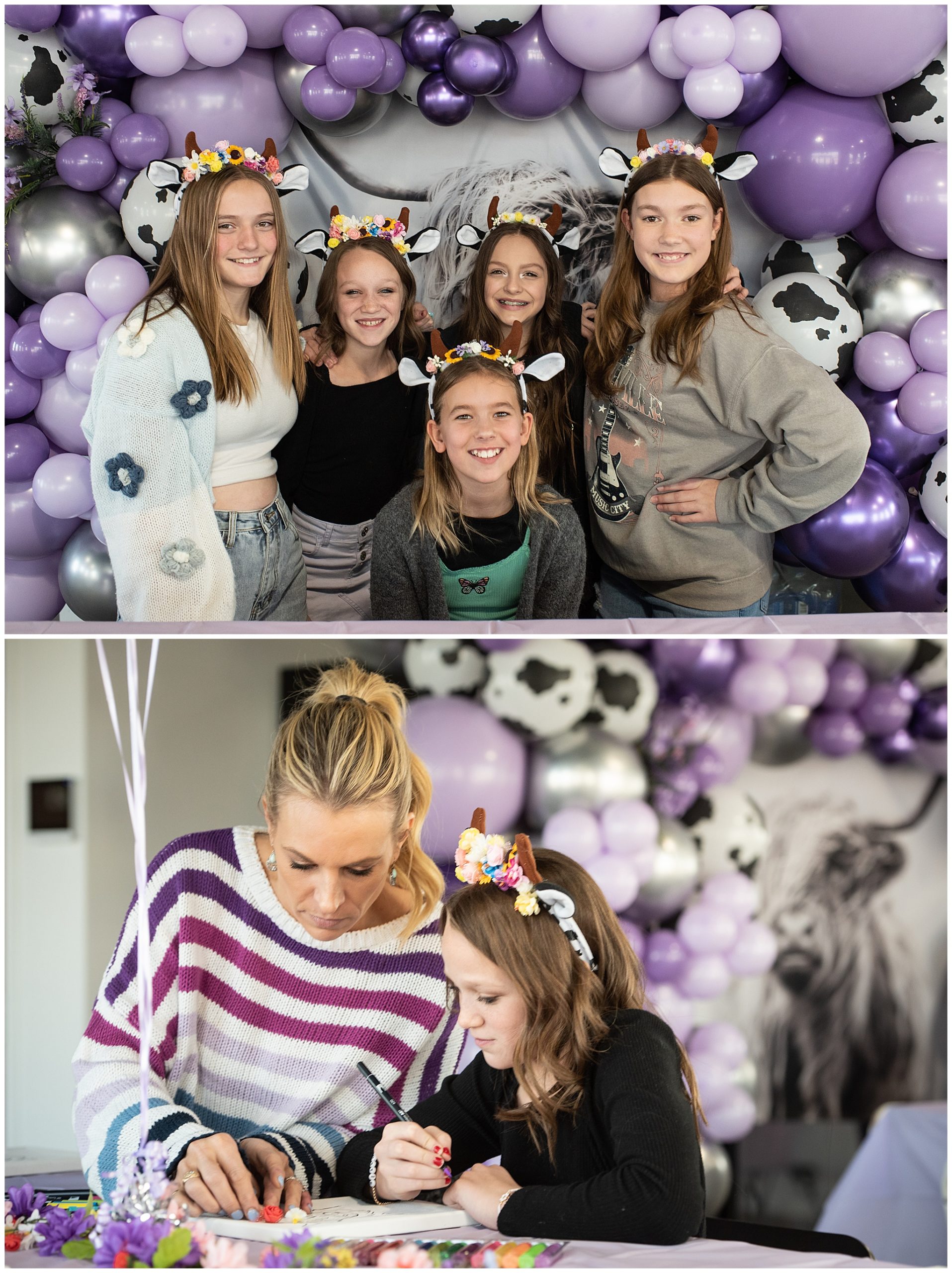 a group of five girlfriends stand wearing cow ear headbands in front of purple balloons balloons colorado springs co