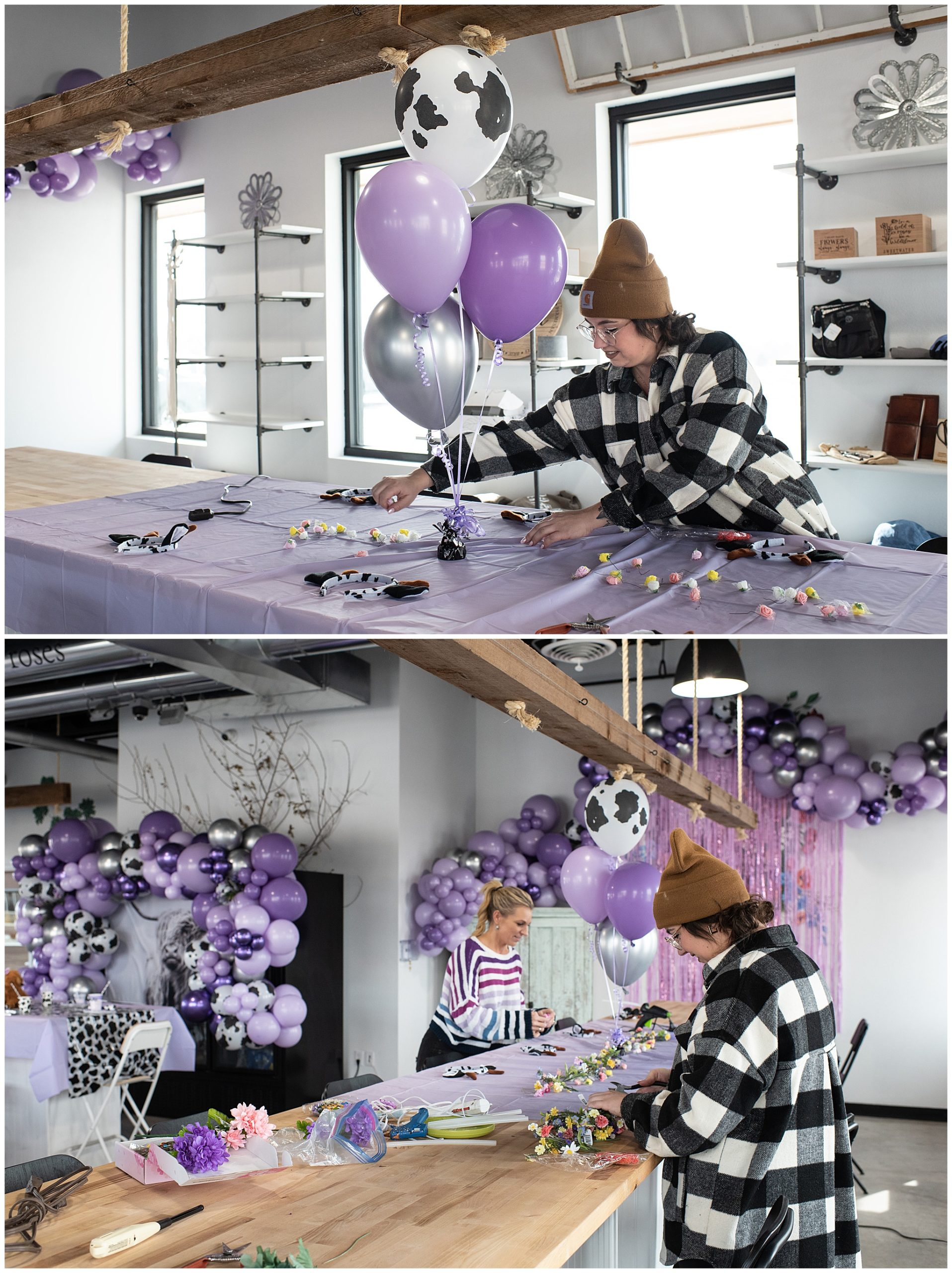 decorator setting up the final touches for a purple birthday party at sweetwater flower market