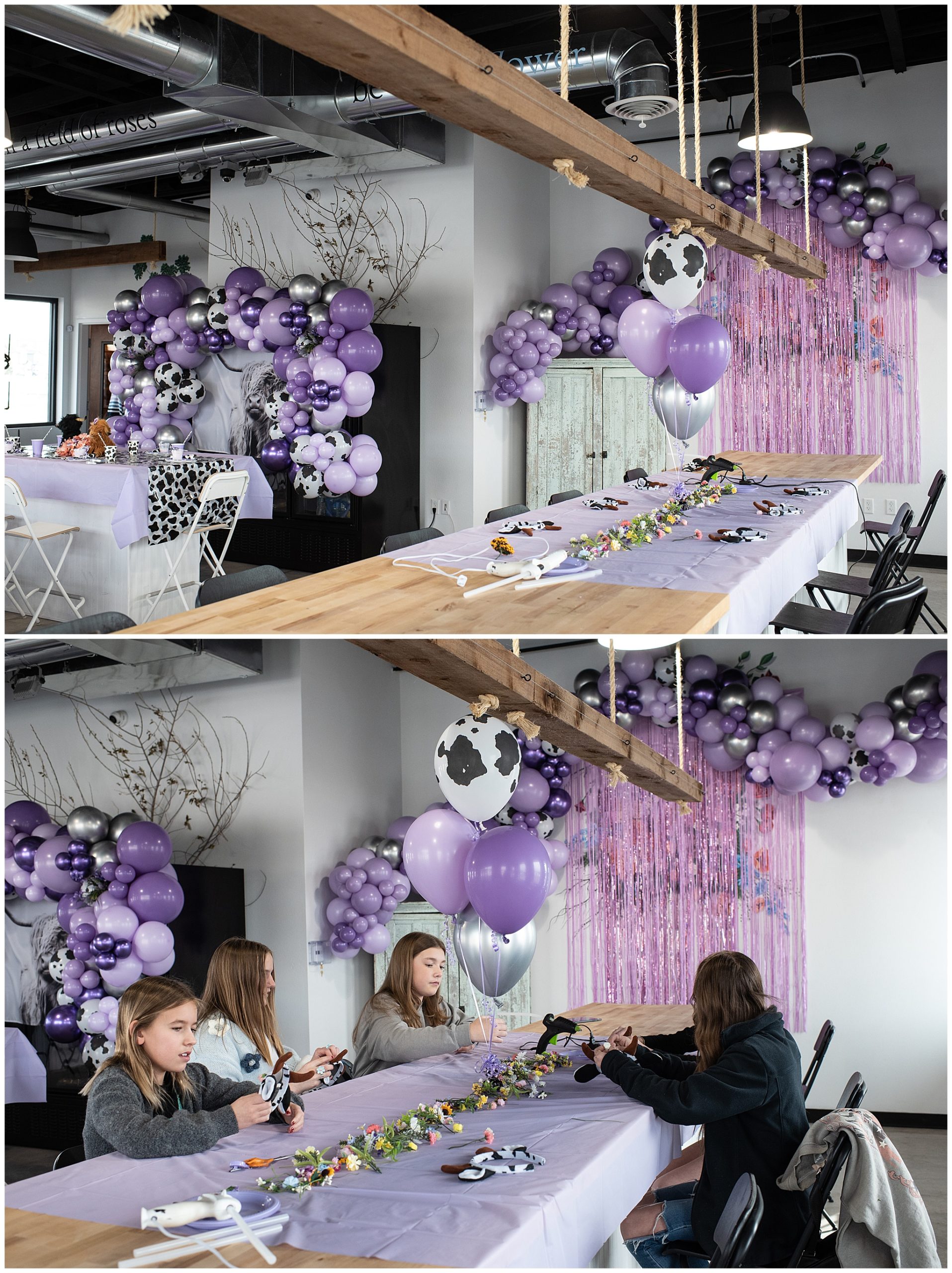 four girls sit at a table making headbands at a purple cow themed birthday party