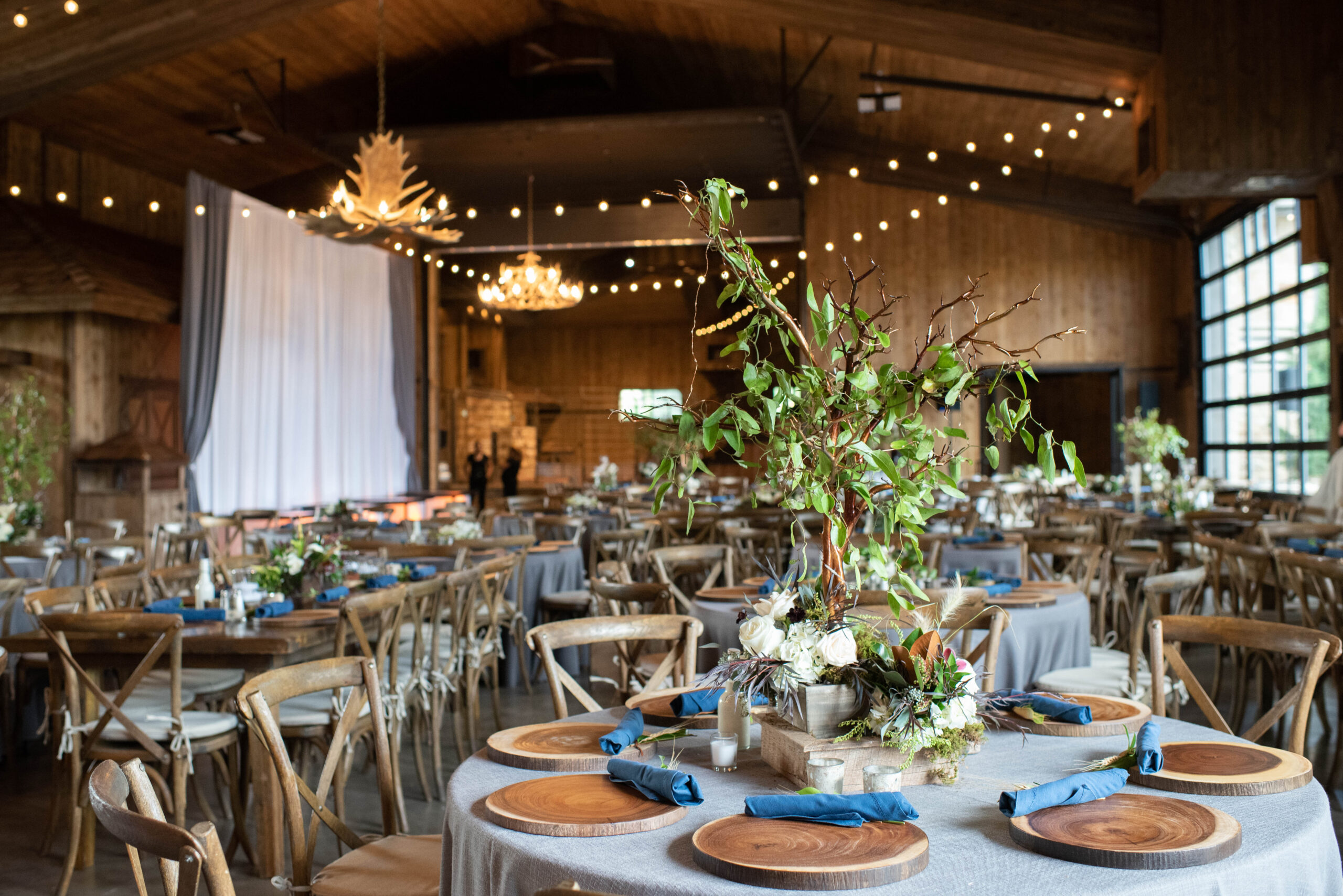 A view of a wedding reception with a rustic vibe