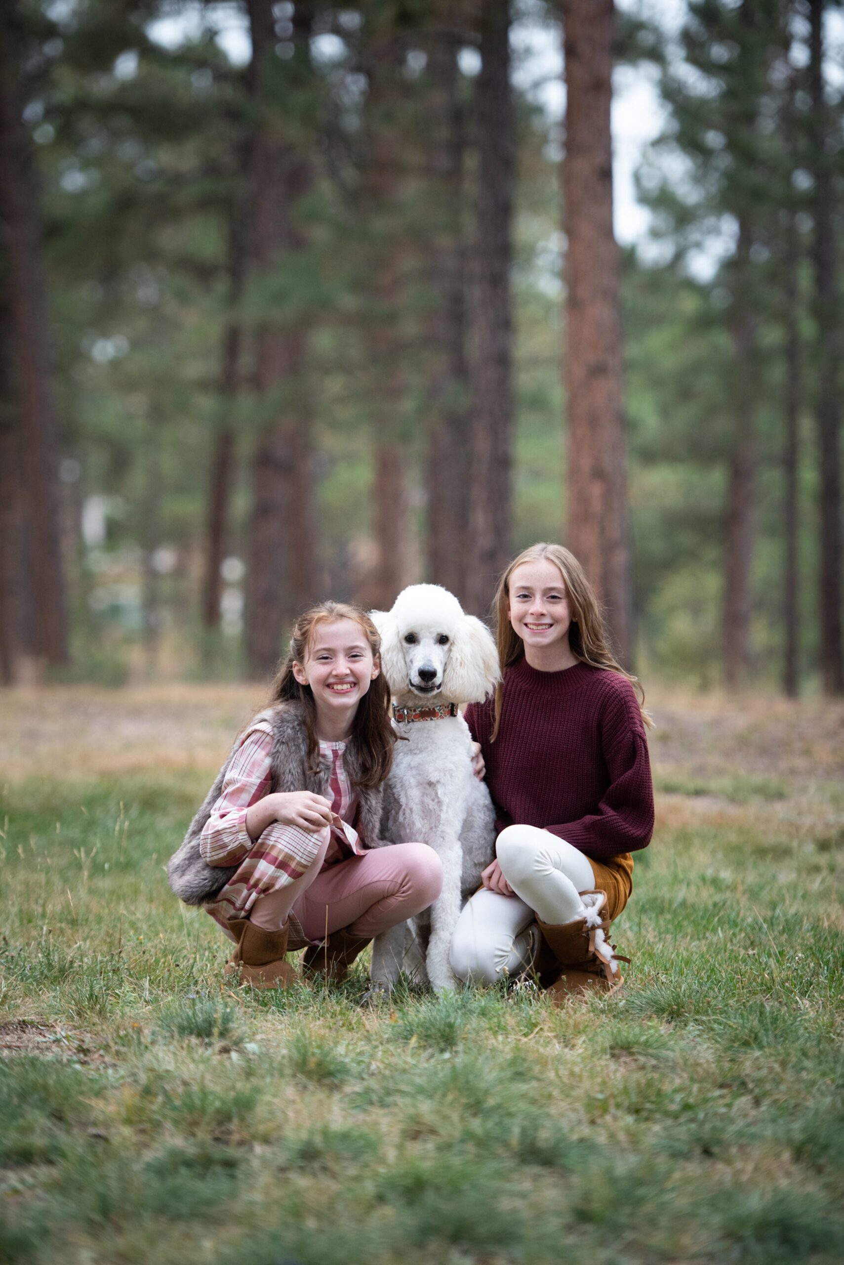 Two teen sisters hug their white poodle in a forest while smiling