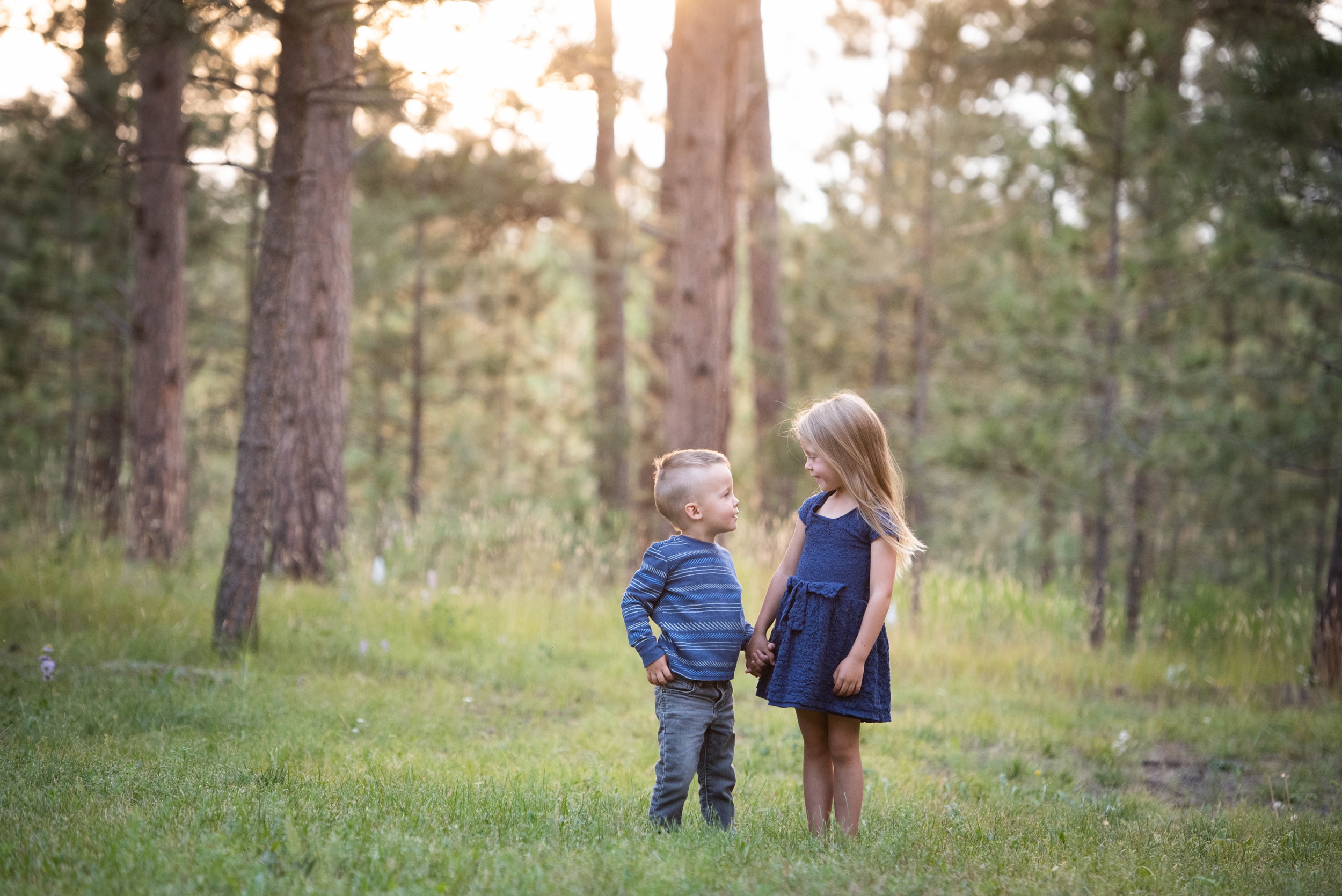 A toddler girl in a blue dress holds her little brother's hand in a forest at sunset while they smile at each other in parks in Denver for kids