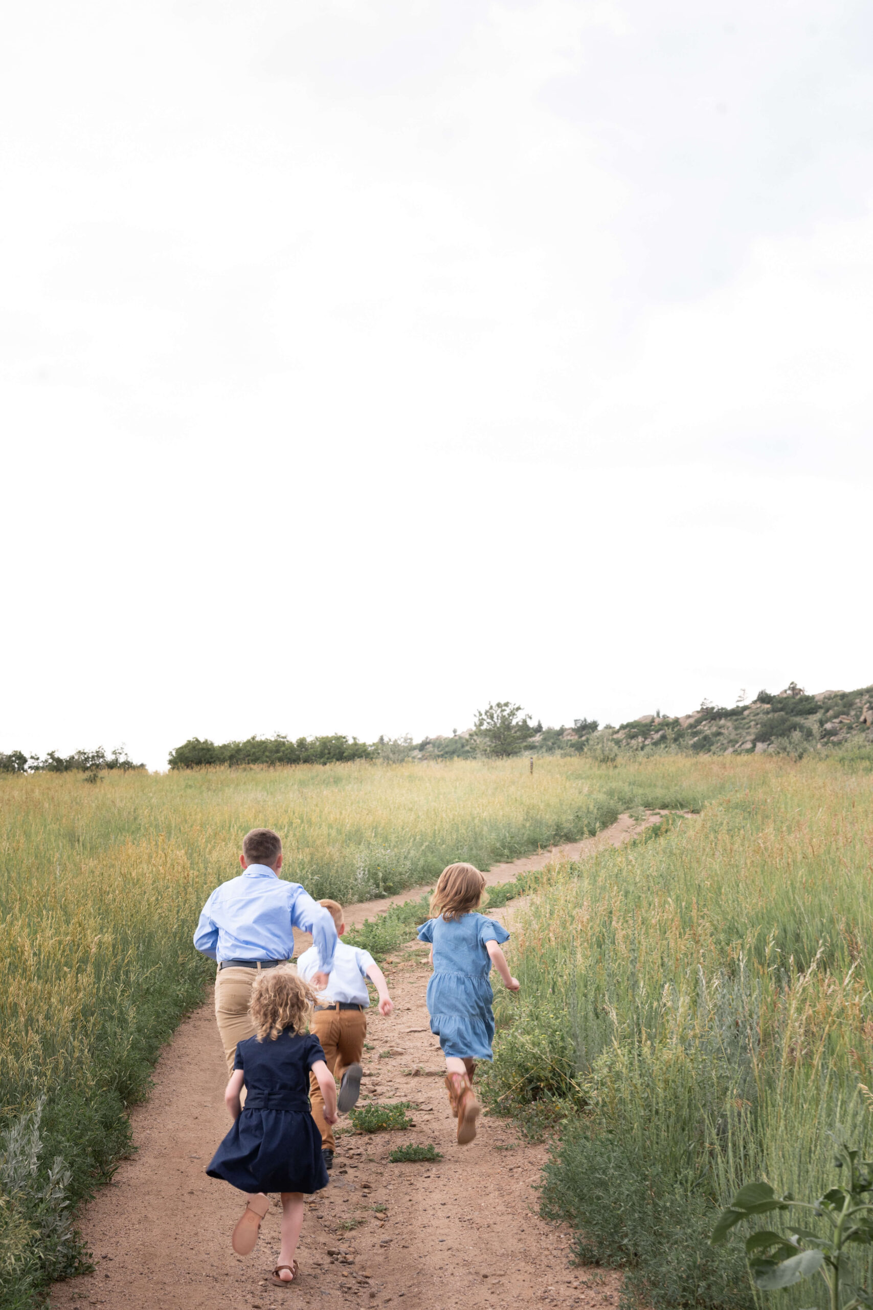 Four toddler brothers and sisters run together in a park trail through tall golden grass
